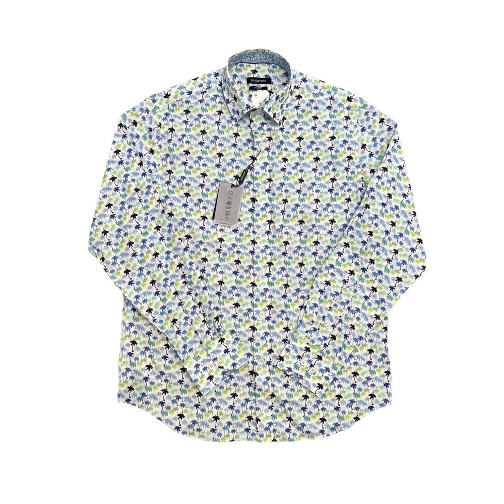 Bugatchi Mens Tropical Palm Tree Button Up Shirt Resort Vacation Blue Size S NWT